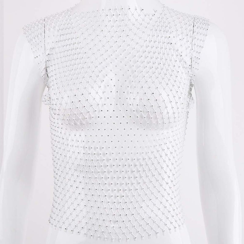 FlyCC Women Sexy Mesh Tank Tops Rhinestone Glitter See Through Hollow Out Crop Tops for Rave,Party,Clubwear - Image 2